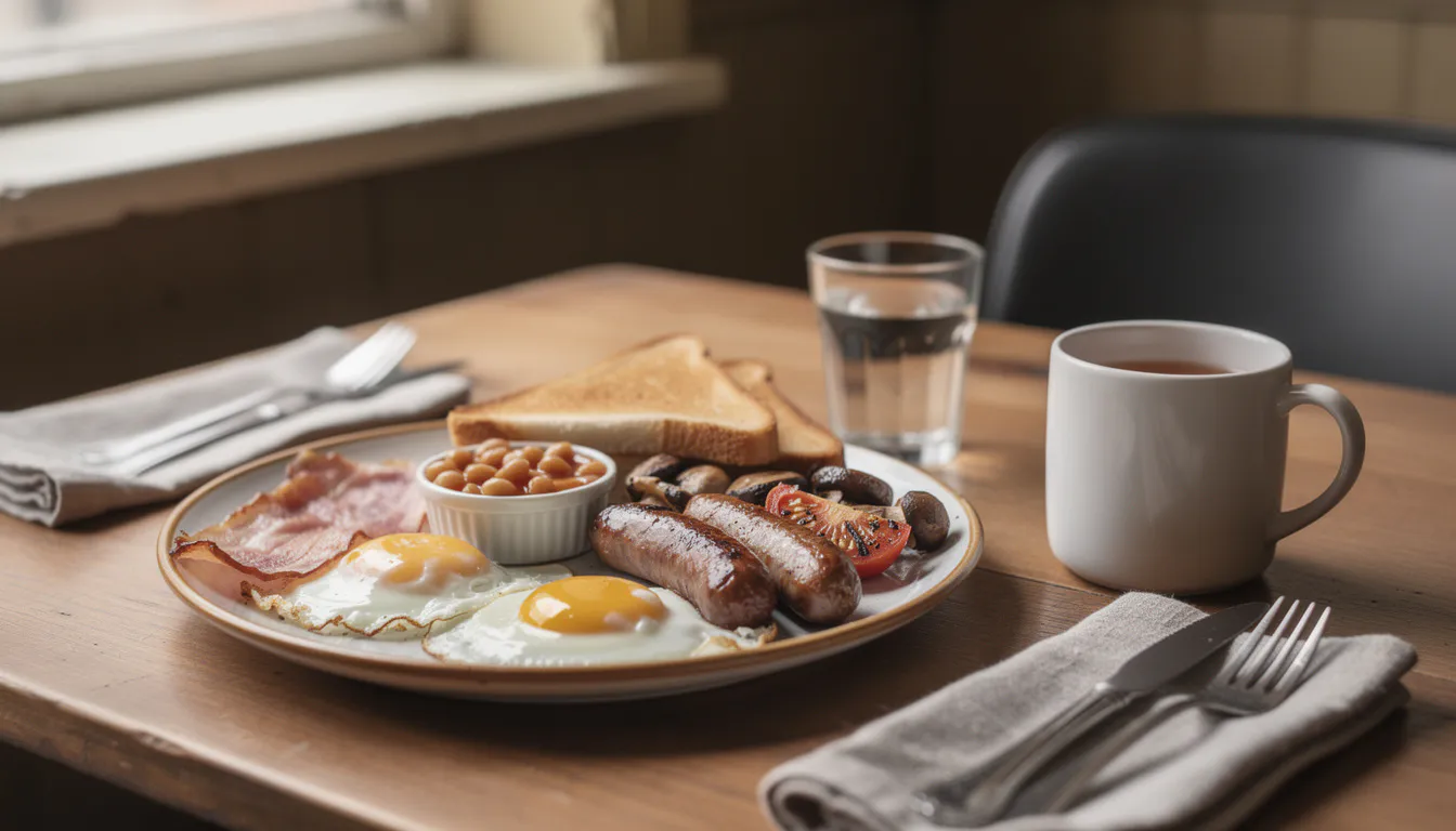 A full traditional English breakfast on a warm ceramic plate with eggs, bacon, sausage, baked beans, grilled tomato, mushrooms and toast, soft morning light