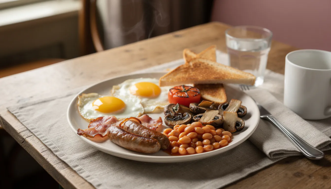 A full traditional English breakfast on a warm ceramic plate, with eggs, bacon, sausage, baked beans, grilled tomato, mushrooms and toast, soft morning light