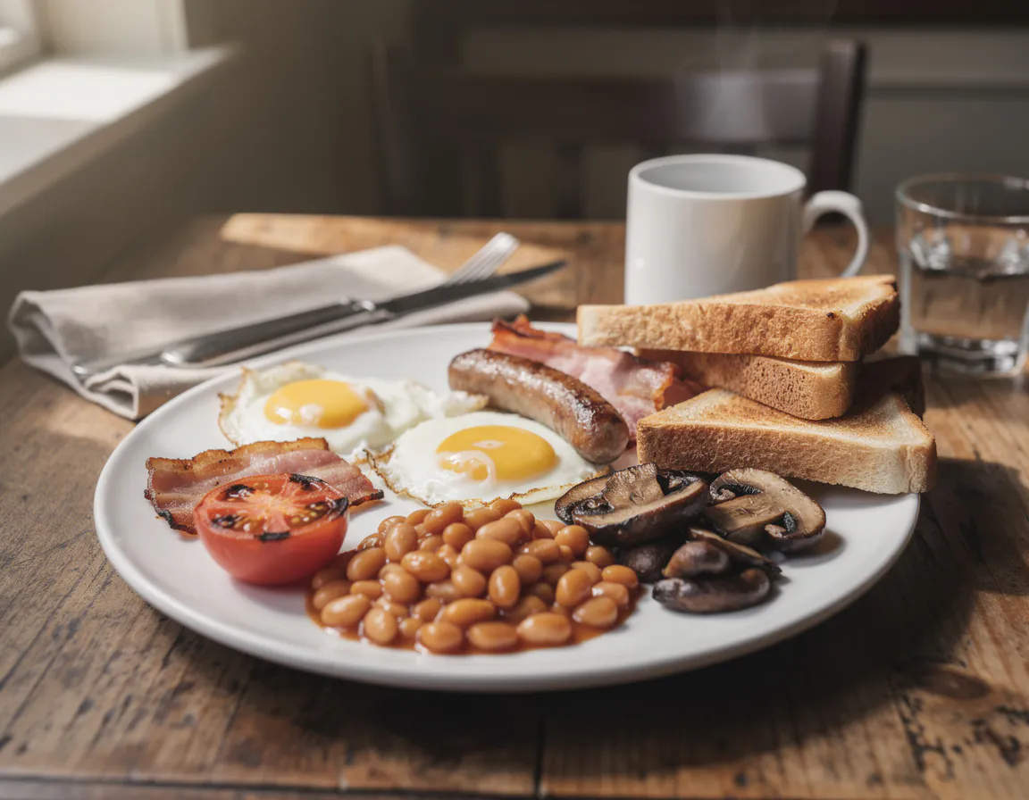 A full English breakfast plate with two fried eggs, back bacon, pork sausage, baked beans, grilled tomato, mushrooms and buttered toast