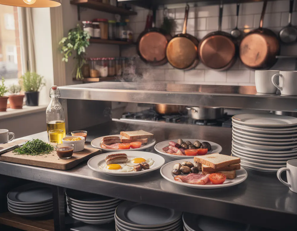 The kitchen pass of a small English cafe with plates of breakfast waiting to be served, steam rising, warm overhead light