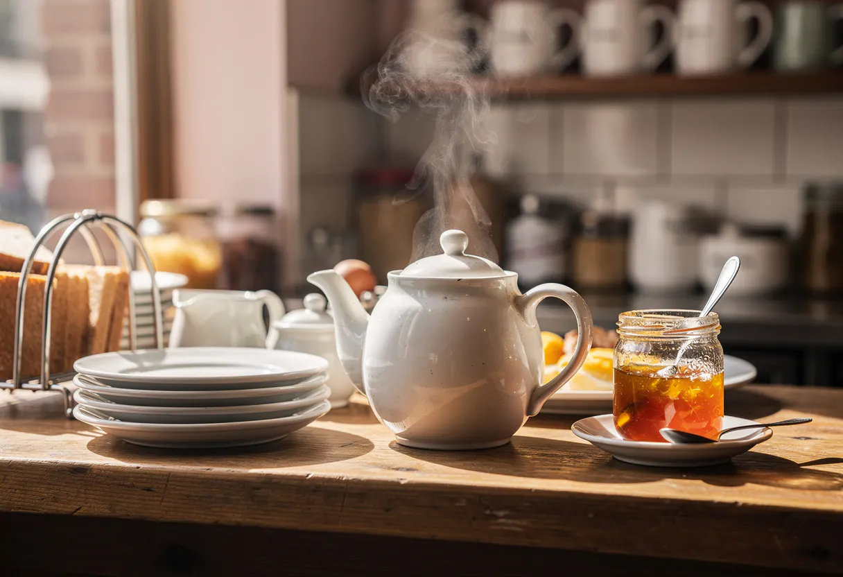 A close view of a cafe counter with a steaming teapot, stacked plates and a jar of marmalade in warm light