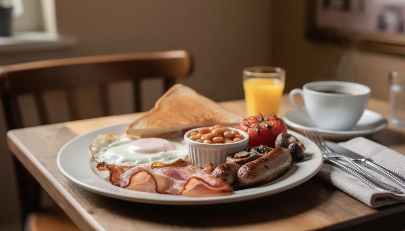 A full traditional English breakfast on a warm ceramic plate, with fried eggs, back bacon, sausage, baked beans, grilled tomato, mushrooms and toast, soft morning light