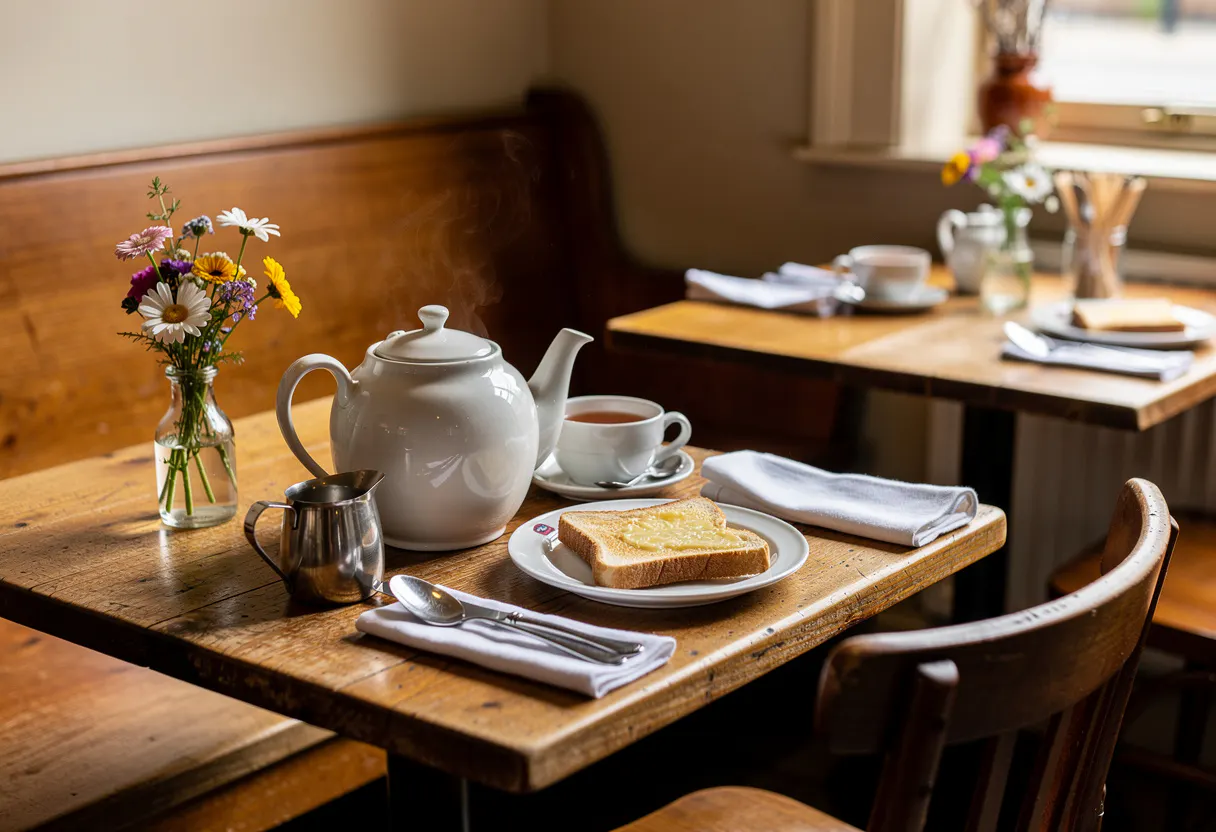A cozy corner of a traditional English cafe with worn wooden tables, a condiment caddy, and soft morning light through lace curtains