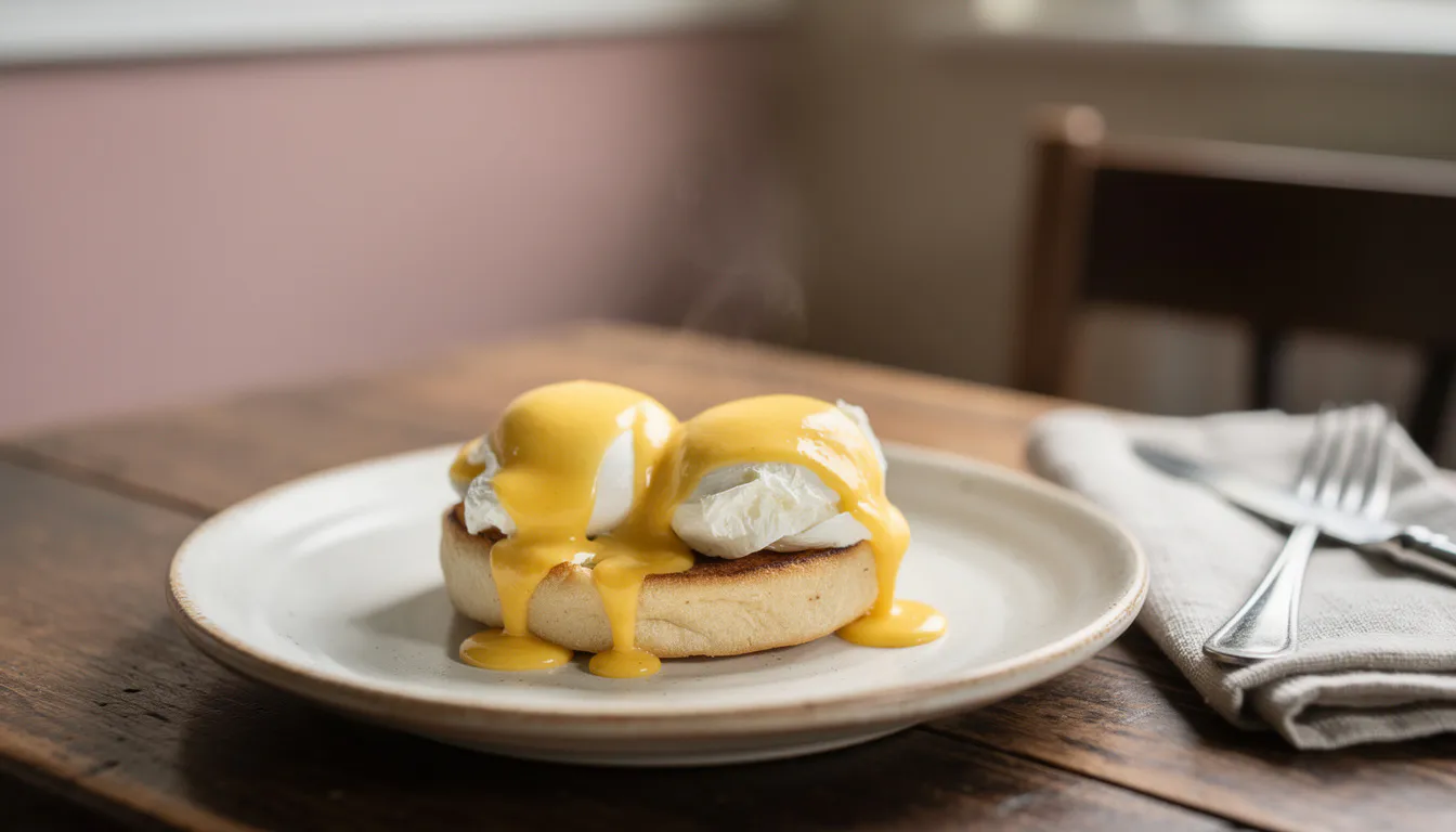 Close-up of two poached eggs on a toasted English muffin drizzled with hollandaise sauce, on a warm ceramic plate