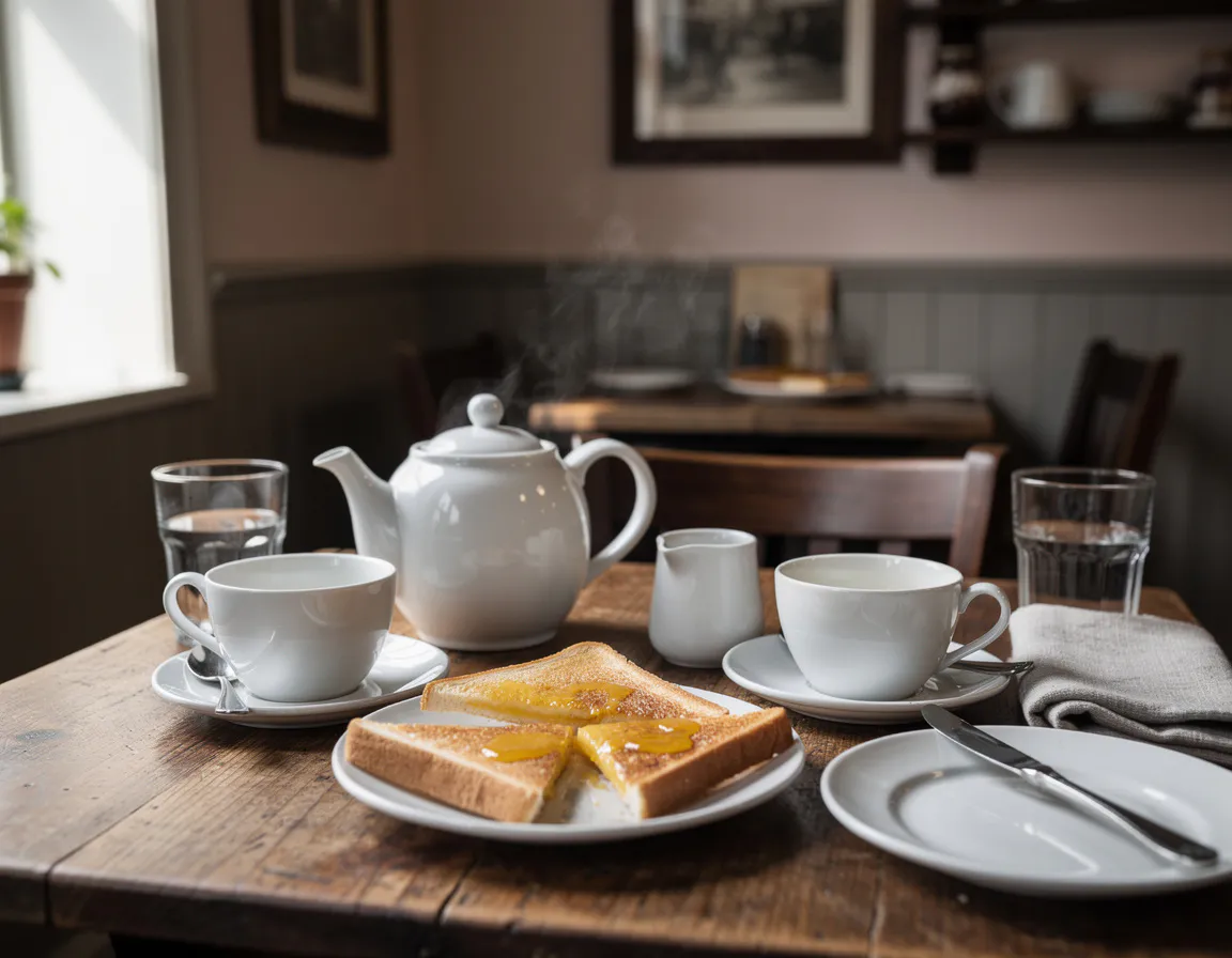 A laid cafe table with a pot of tea, two cups, a small milk jug and a plate of buttered toast, warm morning light