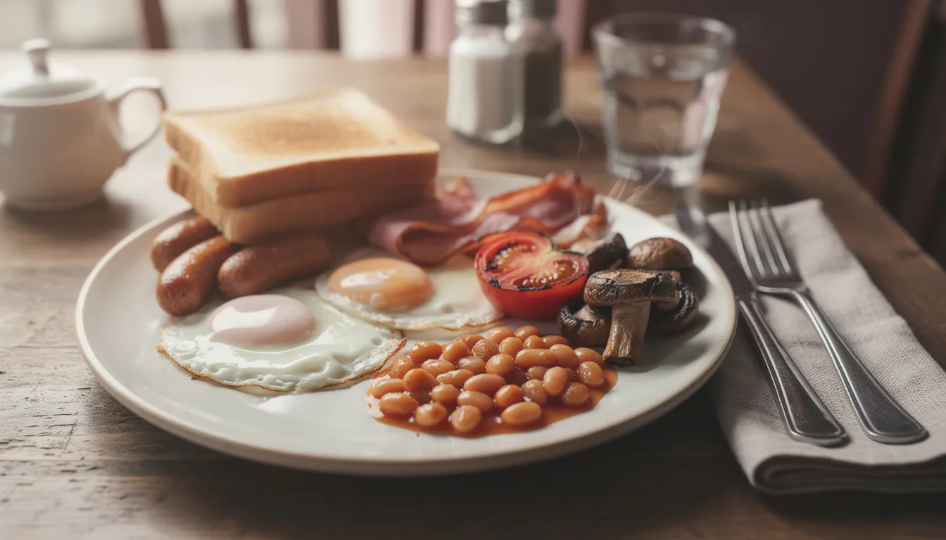 A full traditional English breakfast on a warm ceramic plate, with eggs, bacon, sausage, baked beans, grilled tomato, mushrooms and toast, soft morning light
