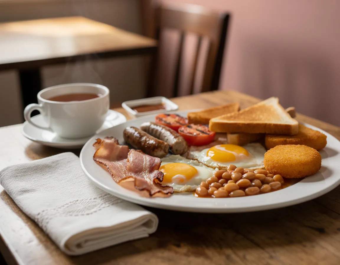 A laid cafe table with a linen napkin, a porcelain teacup on a saucer and a small dish of brown sauce, ready for breakfast service
