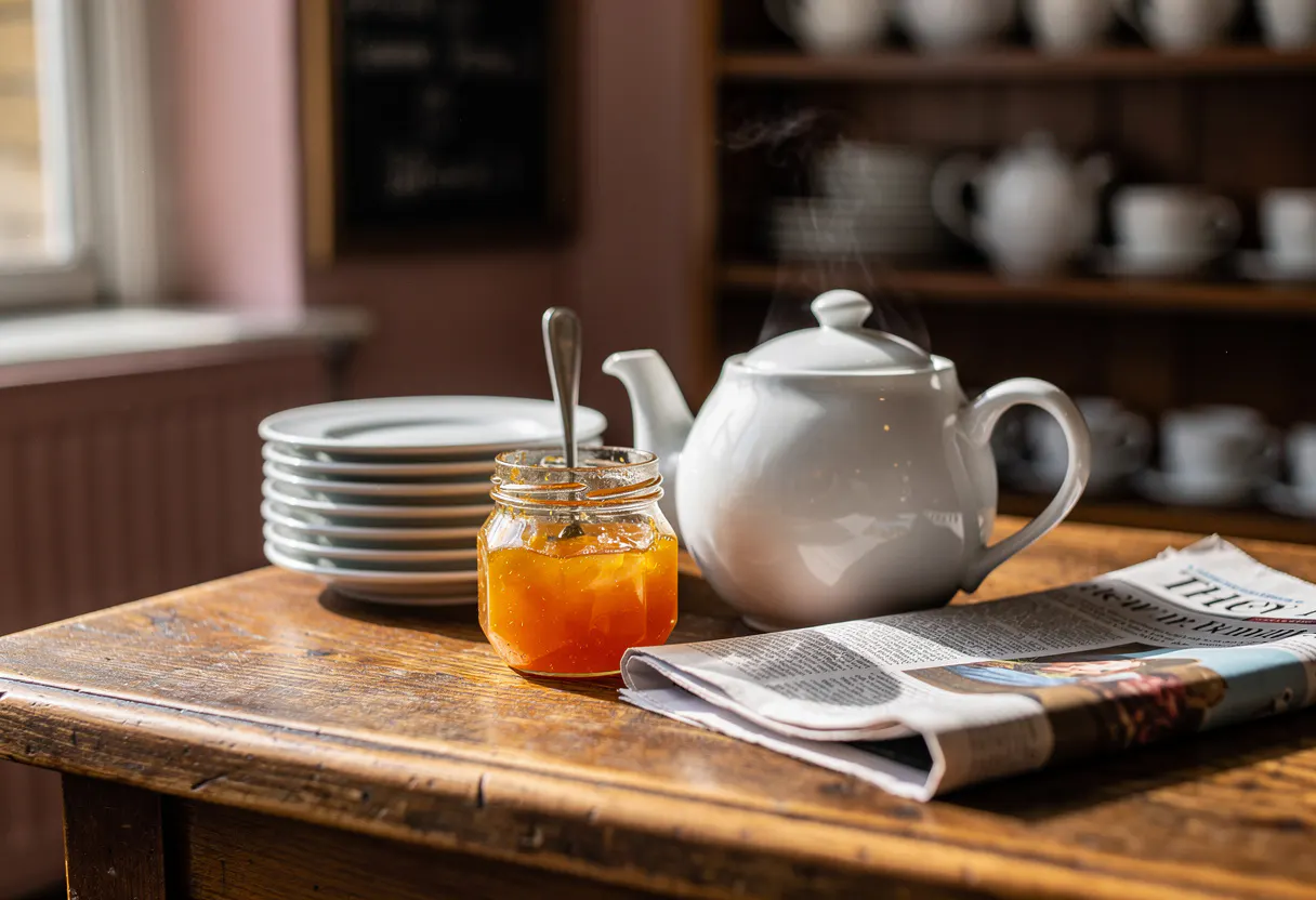 A worn wooden cafe counter with a teapot, stacked saucers, a jar of marmalade and a folded newspaper in soft morning light