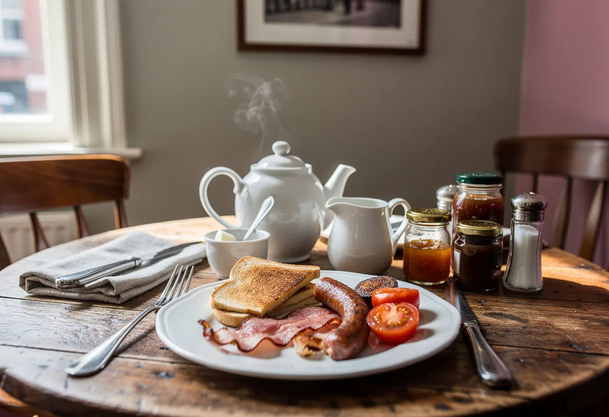 A quiet corner of a small English cafe with a wooden table set for breakfast, a teapot, a milk jug and condiments in soft morning light