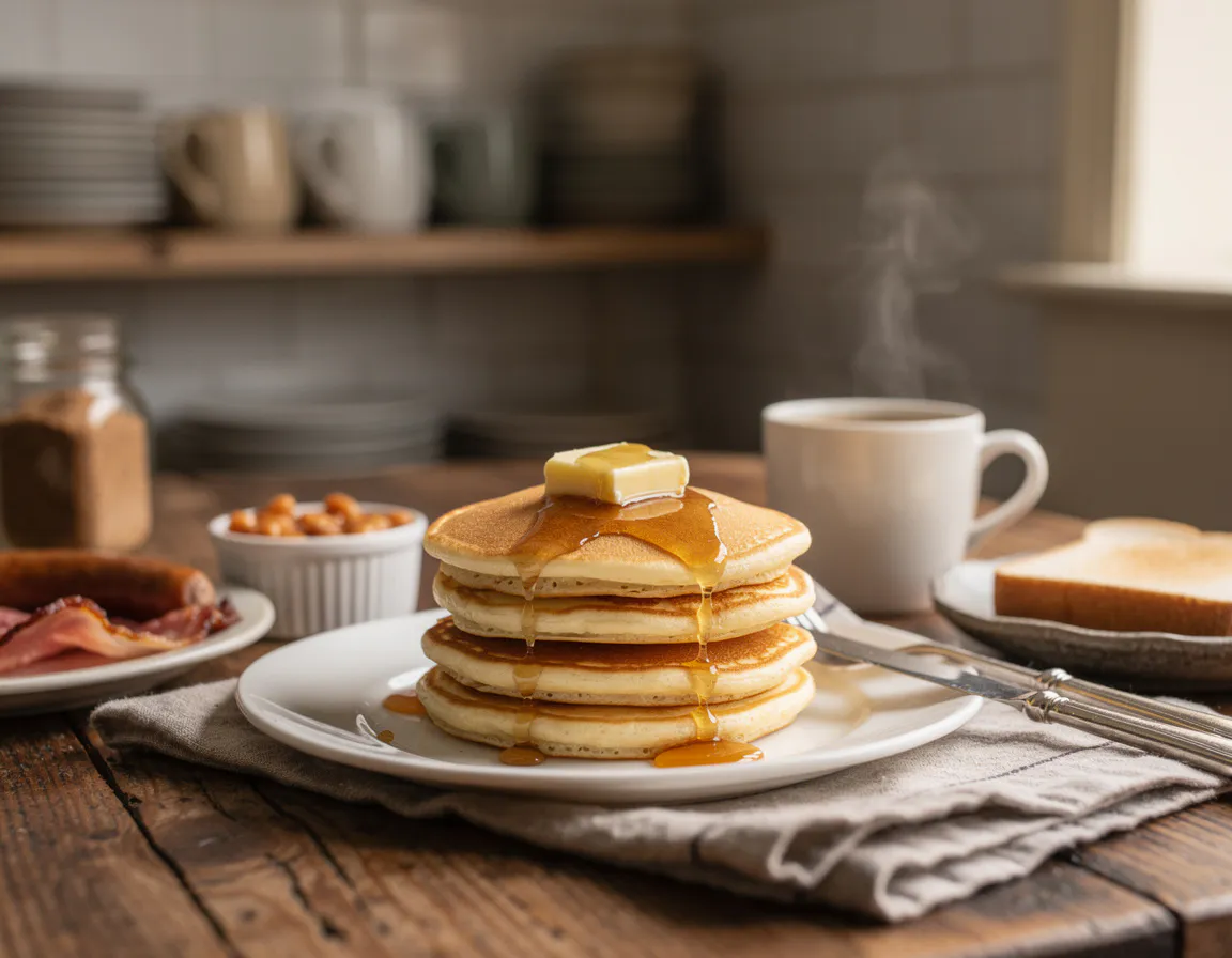 Three fluffy buttermilk pancakes stacked with maple syrup and a pat of butter on a warm plate