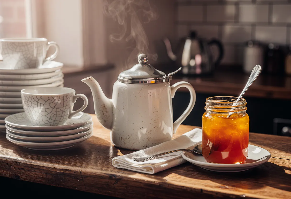 A close detail of a traditional English cafe counter with a steaming teapot, stacked saucers and a jar of marmalade in warm morning light