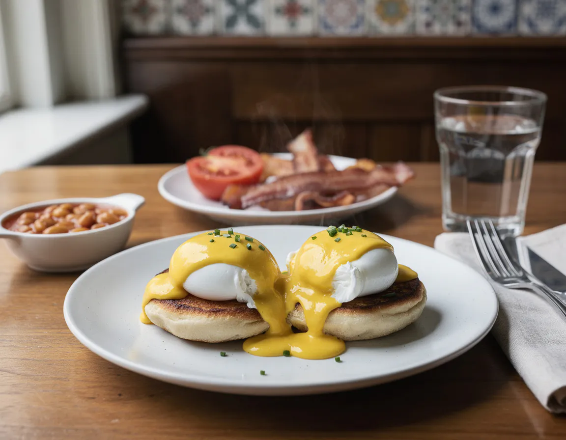 Eggs Benedict on toasted English muffins with ham, poached eggs and hollandaise sauce on a ceramic plate