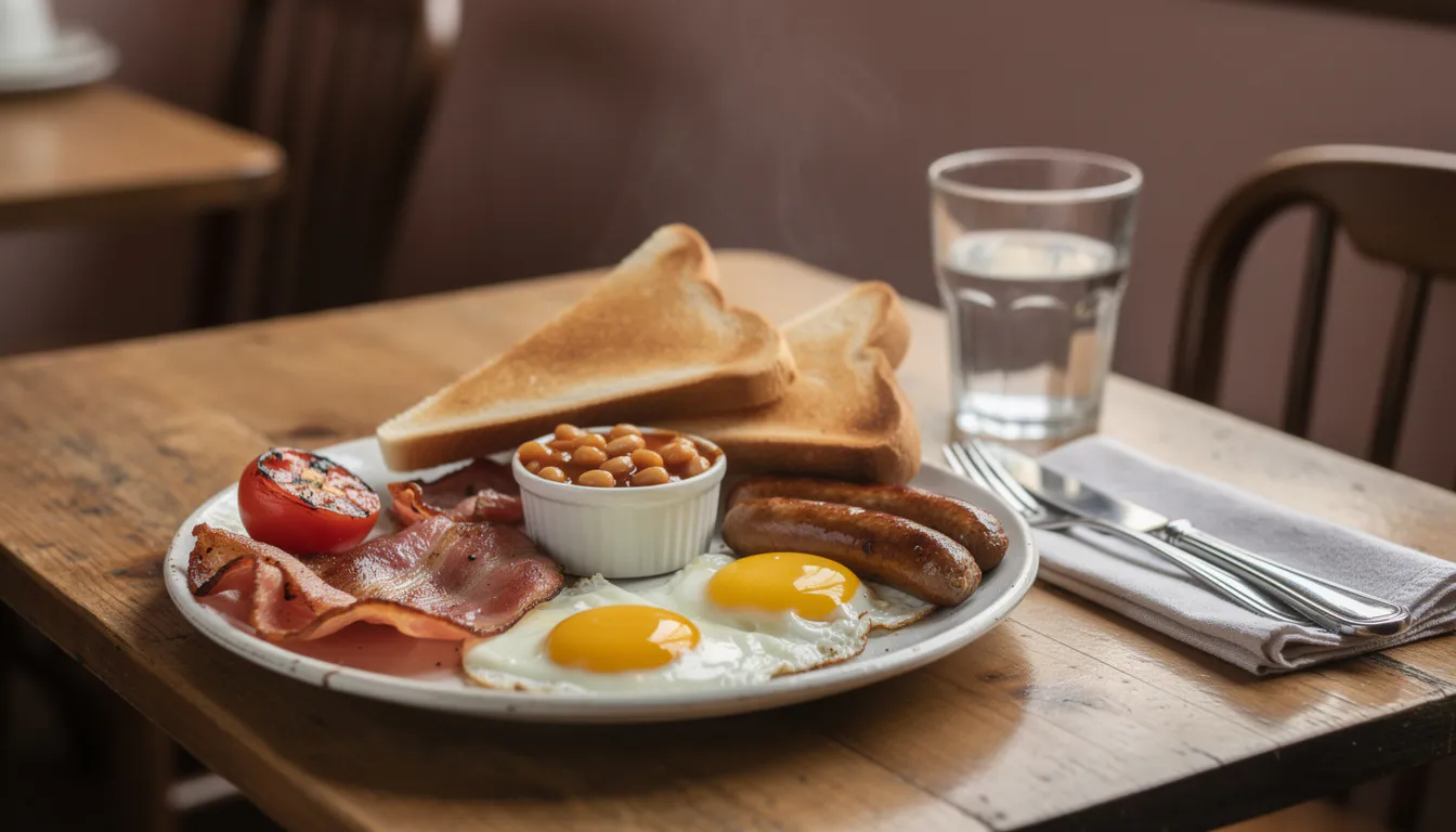 A close view of a traditional English breakfast plate with fried eggs, back bacon, sausages, baked beans, grilled tomato and toast, warm morning light on a worn wooden cafe table