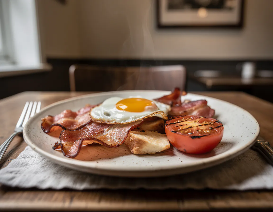 A close view of a fried egg with crisp edges and a runny yolk next to back bacon and a grilled tomato half on a warm ceramic plate